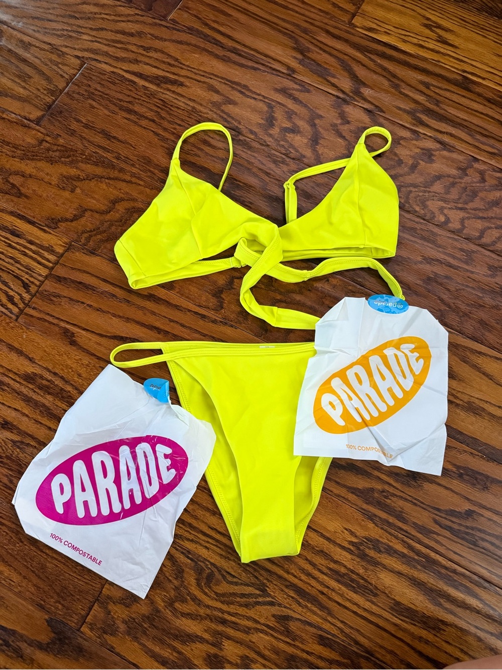BNWT Parade Swim Neon Yellow Triangle Wrap Bikini Top and Bottom Size Medium